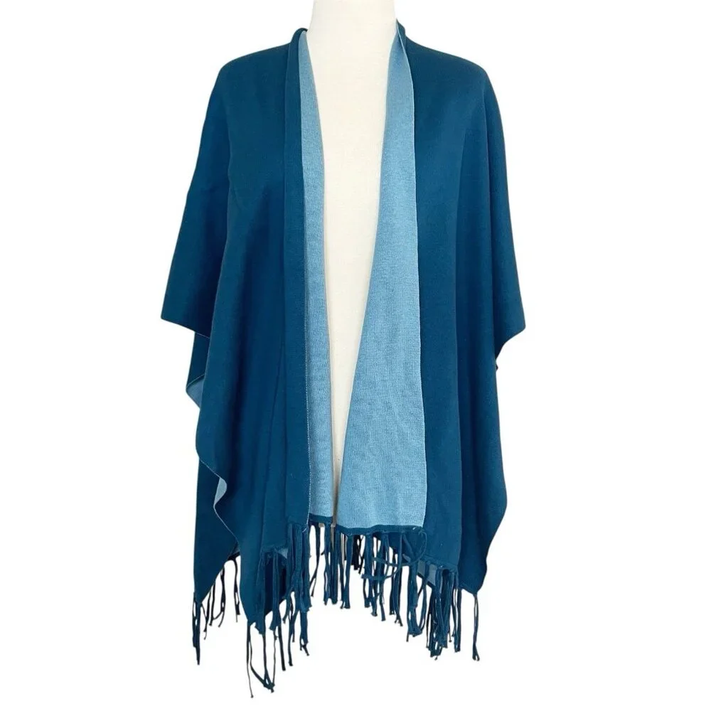 Chico's One Size Reversible Knit Cape Blue Cotton Blend Shawl Wrap Fringe - Picture 1 of 6